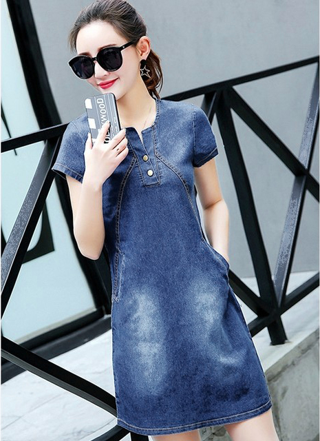 ĐẦM JEAN SUÔNG CỔ V ĐÍNH NÚT 